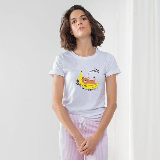 Pyjama coton "Slippin’ On A Banana” doux et léger pour femme avec tee-shirt et pantalon à rayures